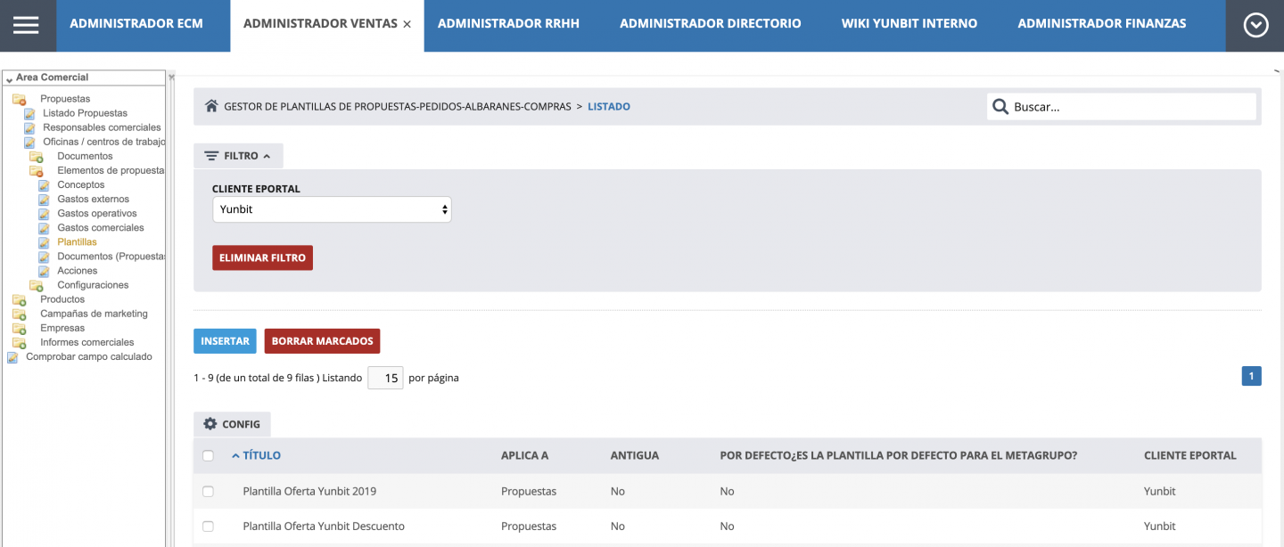 Gestor de plantillas de venta