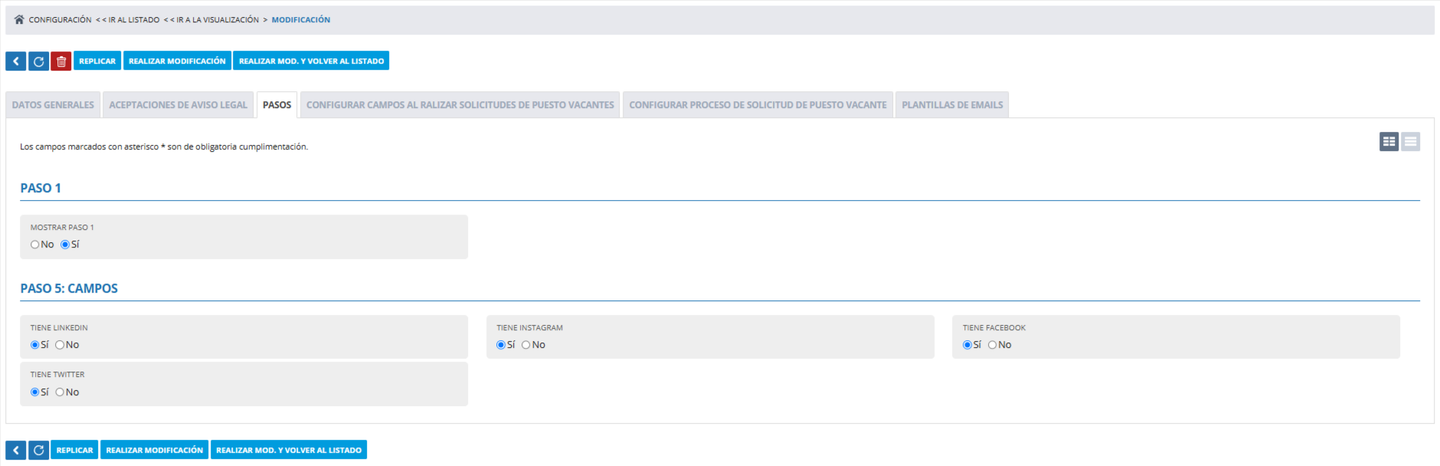 Configuración de los pasos del formulario de CV