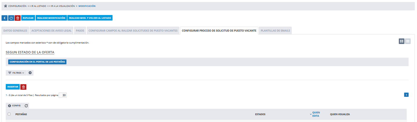 Configuración según el estado de la oferta
