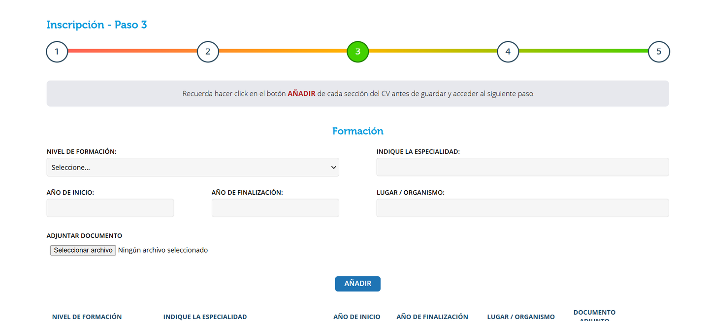 Formulario del CV, paso 3