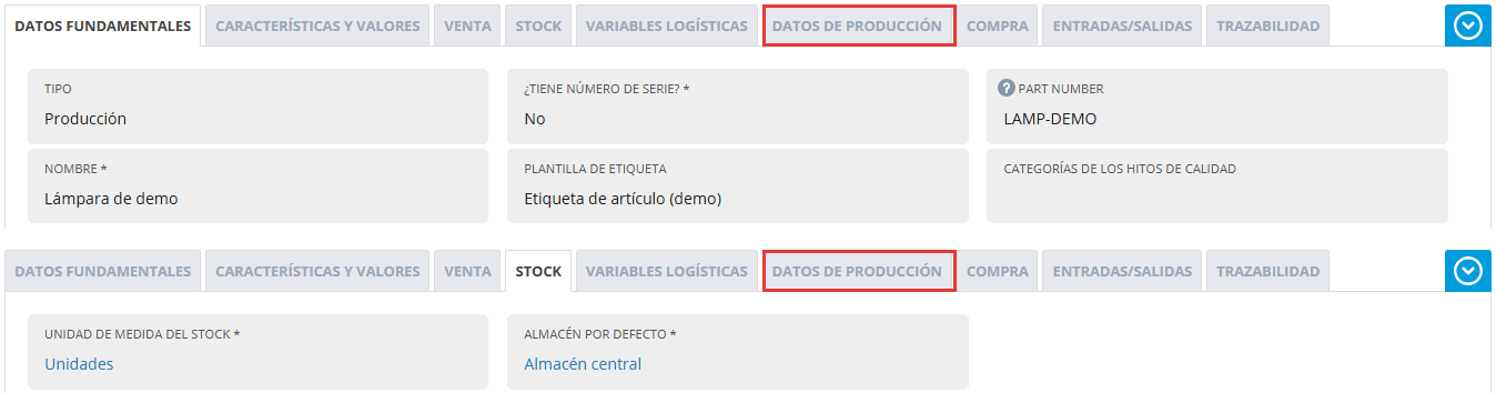 Ficha de la Lámpara de demo: tipo Producción, sin número de serie, plantilla de etiqueta «Etiqueta de artículo (demo)» y categorías de los hitos de calidad vacía; en la pestaña Stock, unidad Unidades y almacén por defecto Almacén central. Arriba, señalada, la pestaña Datos de producción.