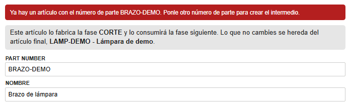 Ventana de insertar artículo intermedio con el error en rojo de número de parte repetido