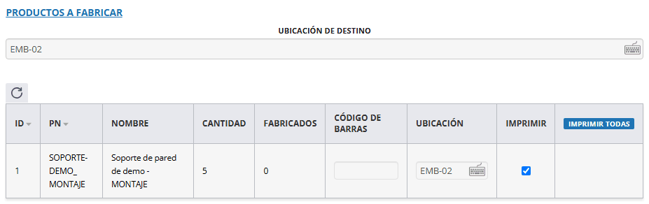 Productos a fabricar de la fase MONTAJE del soporte de pared de demo: una sola línea de 5 unidades, con la ubicación EMB-02.