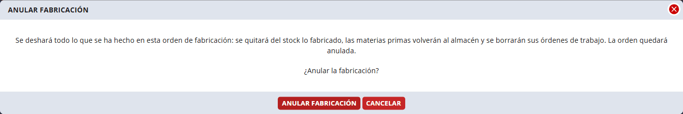 Ventana de confirmación: se deshará todo lo hecho en la orden de fabricación y quedará anulada.