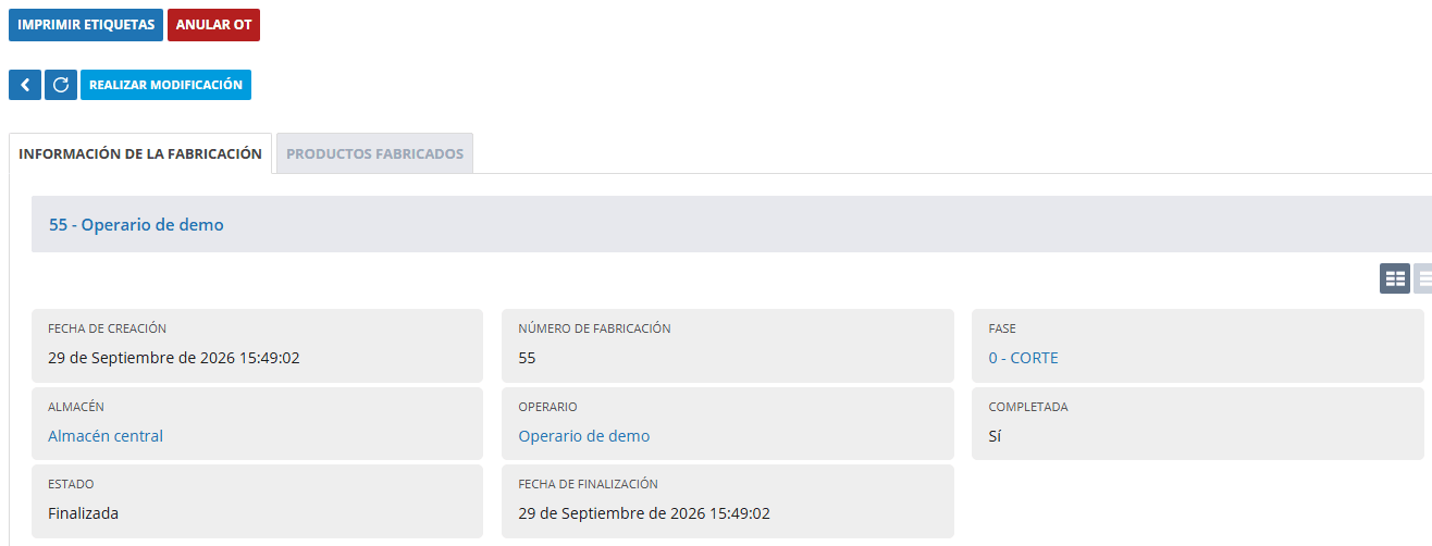 Ficha de la orden de trabajo 55 de CORTE abierta para modificar: el campo Completada sale en Sí y es de solo lectura; arriba, los botones Imprimir etiquetas y Anular OT.