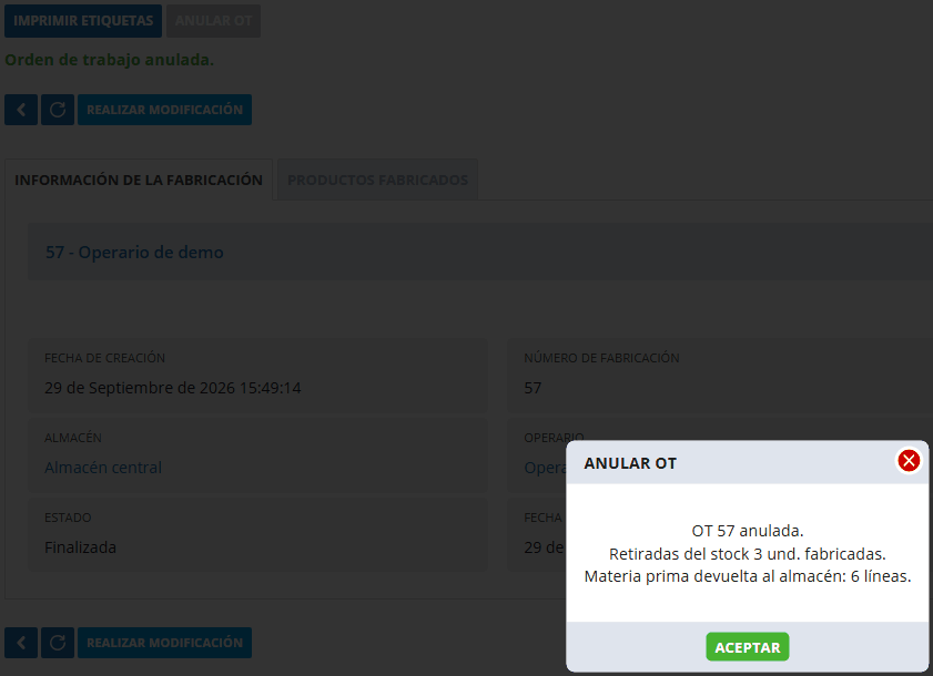Aviso final sobre la ficha de la OT 57: OT 57 anulada, retiradas del stock 3 unidades fabricadas y devuelta la materia prima en 6 líneas; bajo el botón, en verde, Orden de trabajo anulada.