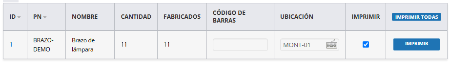Línea de productos a fabricar con cantidad 11 y fabricados 11.