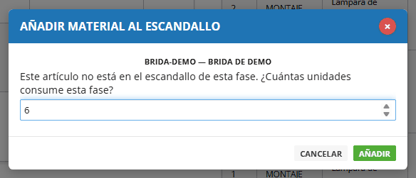 Ventana Añadir material al escandallo tras leer BRIDA-DEMO — Brida de demo, con 6 escrito, en la OT de unidades de más.