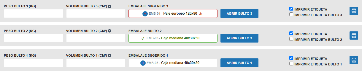 Tres filas de bulto del Pick & Pack: el bulto 1 con el botón + azul y el embalaje sugerido, el bulto 2 con el tick verde y el embalaje ya validado, y el bulto 3 con el marco rojo y el aviso de que no cabe todo