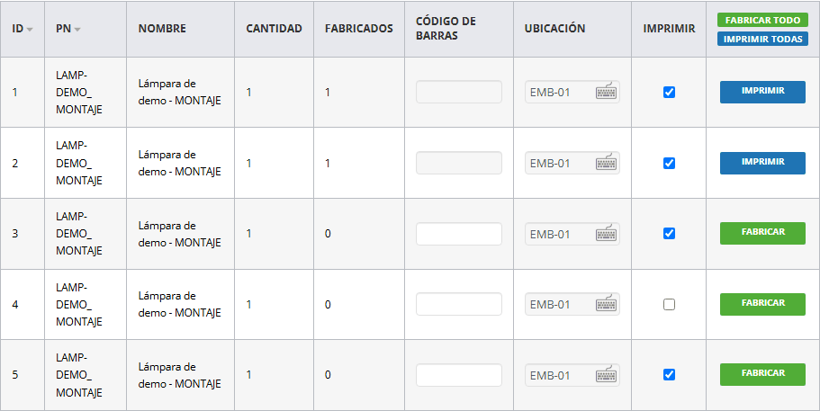 Productos a fabricar de la OT de MONTAJE: las líneas 1 y 2 fabricadas con el botón Imprimir, las 3 a 5 con el botón Fabricar, y la casilla Imprimir marcada en todas menos en la 4.