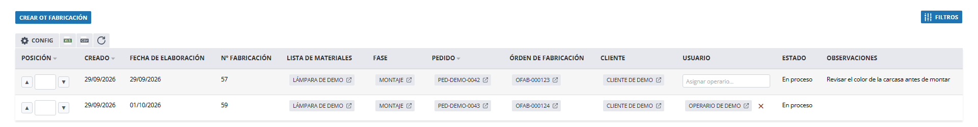 Listado de órdenes de trabajo de fabricación con dos filas: la OT 57 de MONTAJE de OFAB-000123 sin operario, con el campo Asignar operario, y la OT 59 de MONTAJE de OFAB-000124 asignada a Operario de demo. Arriba, el botón Crear OT Fabricación y el de filtros.