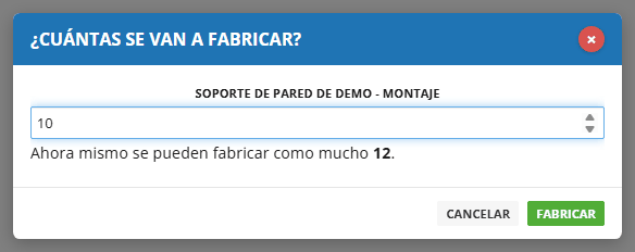 Ventana ¿Cuántas se van a fabricar? para el soporte de pared de demo - MONTAJE, con 10 escrito y el texto: ahora mismo se pueden fabricar como mucho 12.