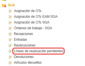 Menú de SGA con la entrada «Líneas de reubicación pendientes» justo debajo de «Reubicaciones».