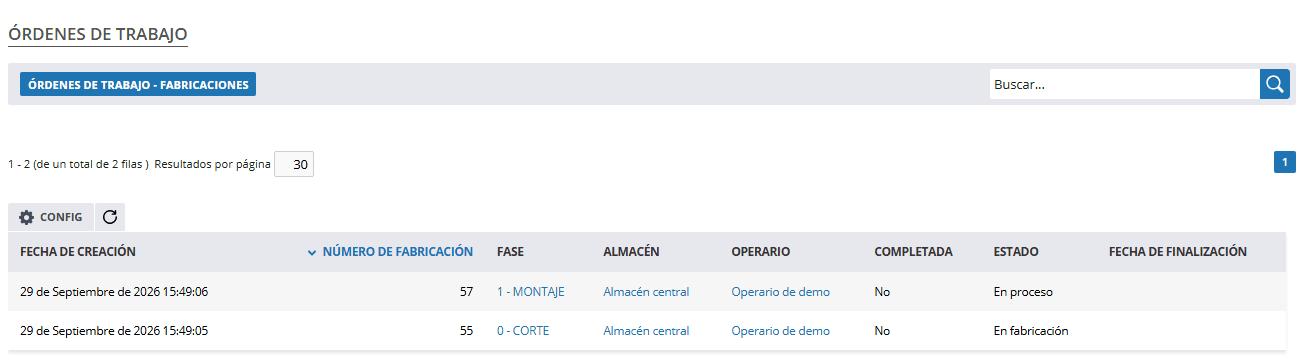 Órdenes de trabajo de una orden de fabricación: corte en curso y montaje recién creada