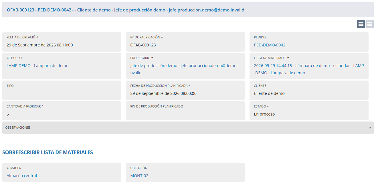 Grupo «Sobreescribir lista de materiales» de la orden de fabricación con la ubicación MONT-02 rellena.