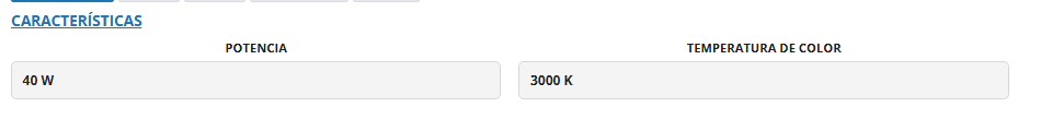 Orden de trabajo con el bloque de características: potencia 40 W y temperatura de color 3000 K