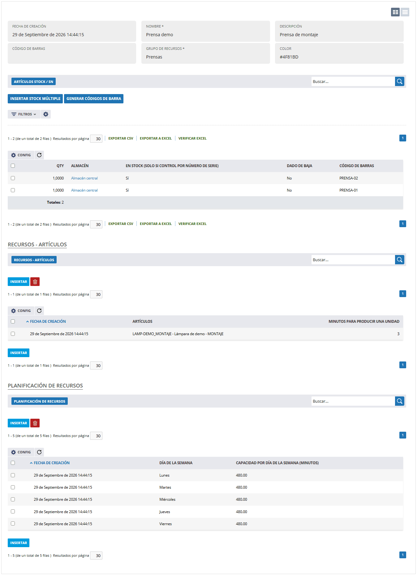 Ficha del recurso prensa de demo con su grupo y su color, y debajo los apartados de stock, con sus dos máquinas PRENSA-01 y PRENSA-02, artículos y planificación