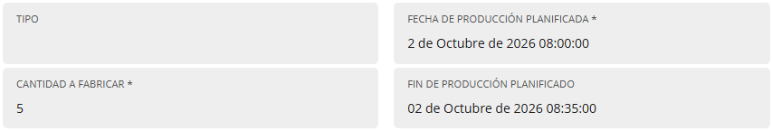 Datos generales de la orden de fabricación con la fecha de producción planificada y el fin de producción planificado
