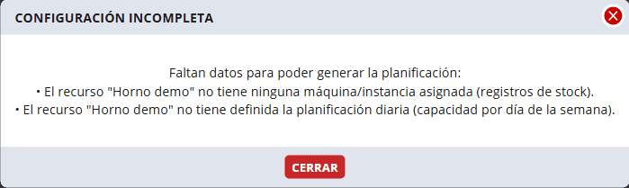 Ventana Configuración incompleta con lo que falta para planificar: el recurso Horno demo no tiene máquinas ni capacidad diaria