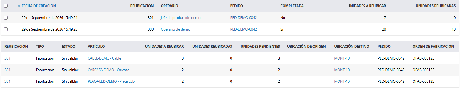 Listado con la primera reubicación de la fase ya completada y la nueva de la continuación; debajo, sus líneas: 3 m de Cable, 2 Carcasa y 2 Placa LED hacia MONT-10.