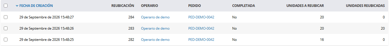 Listado de reubicaciones del SGA donde la reubicación generada por la orden de fabricación muestra su número de pedido y 16 unidades a reubicar.