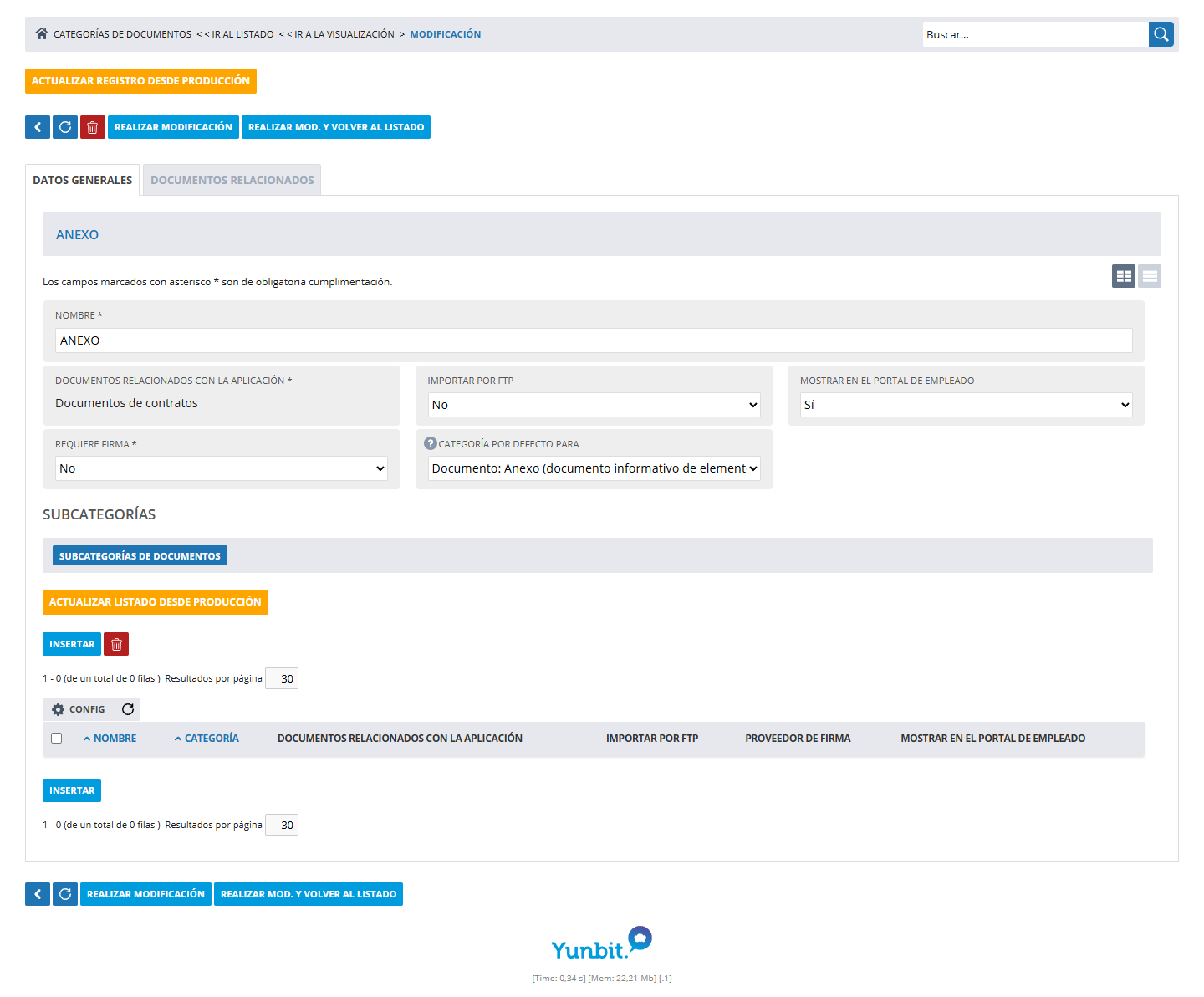 Categoría de documento del anexo con Categoría por defecto para y Requiere firma
