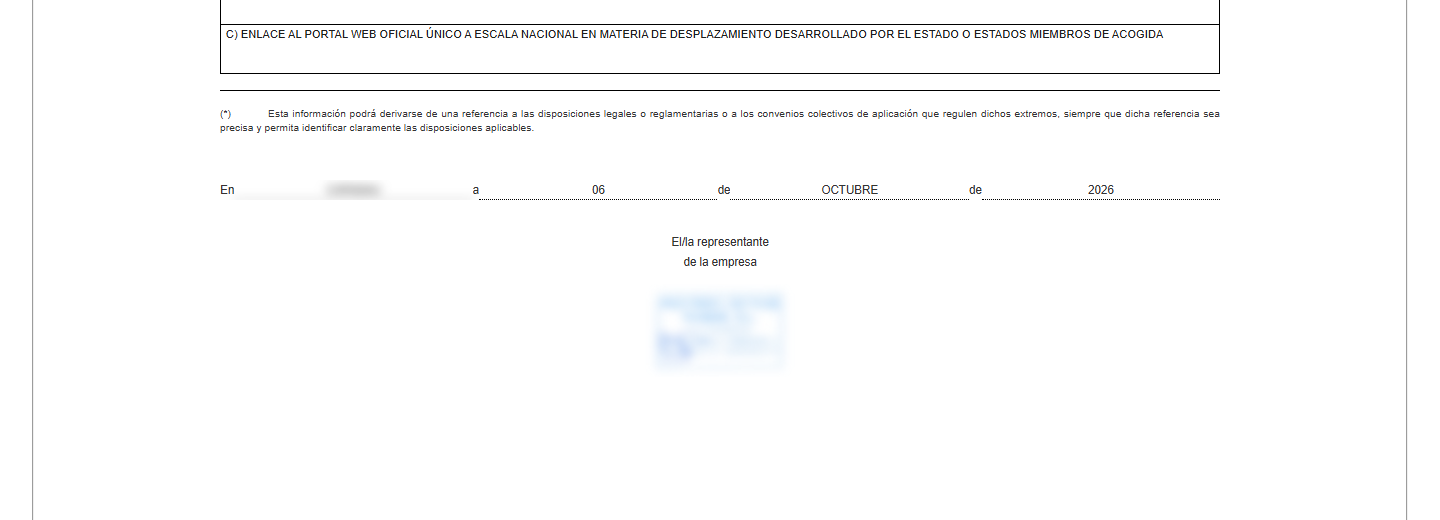 Final del anexo con el lugar, la fecha y el sello de la empresa