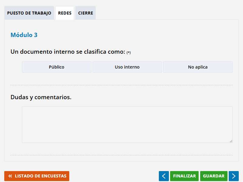 Encuesta por pestañas: barra de pestañas y botones Anterior, Finalizar, Guardar y Siguiente