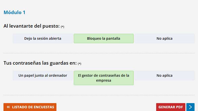 Viendo las respuestas ya finalizadas, con el botón Generar PDF