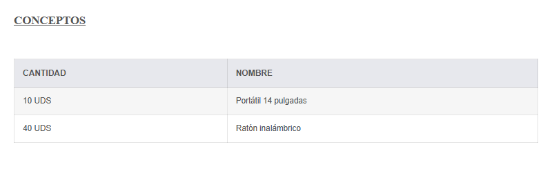 Ventana Conceptos con una tabla de dos filas: 10 UDS Portátil 14 pulgadas y 40 UDS Ratón inalámbrico.